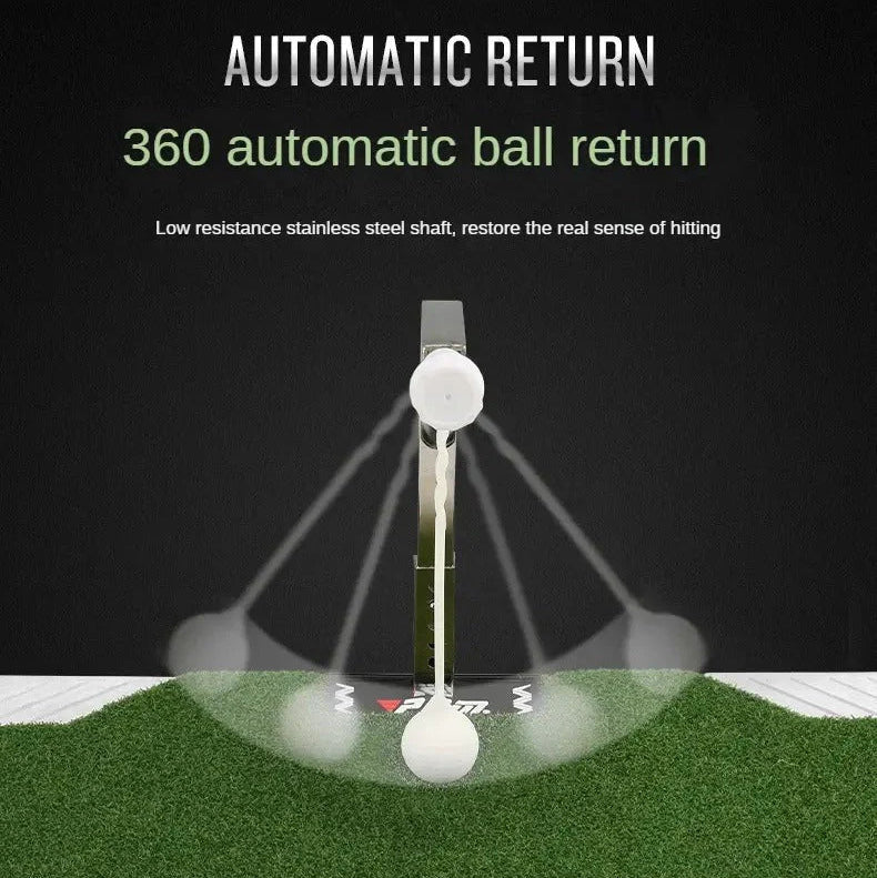 Golf practice device with 360 automatic ball return feature on a grassy surface.